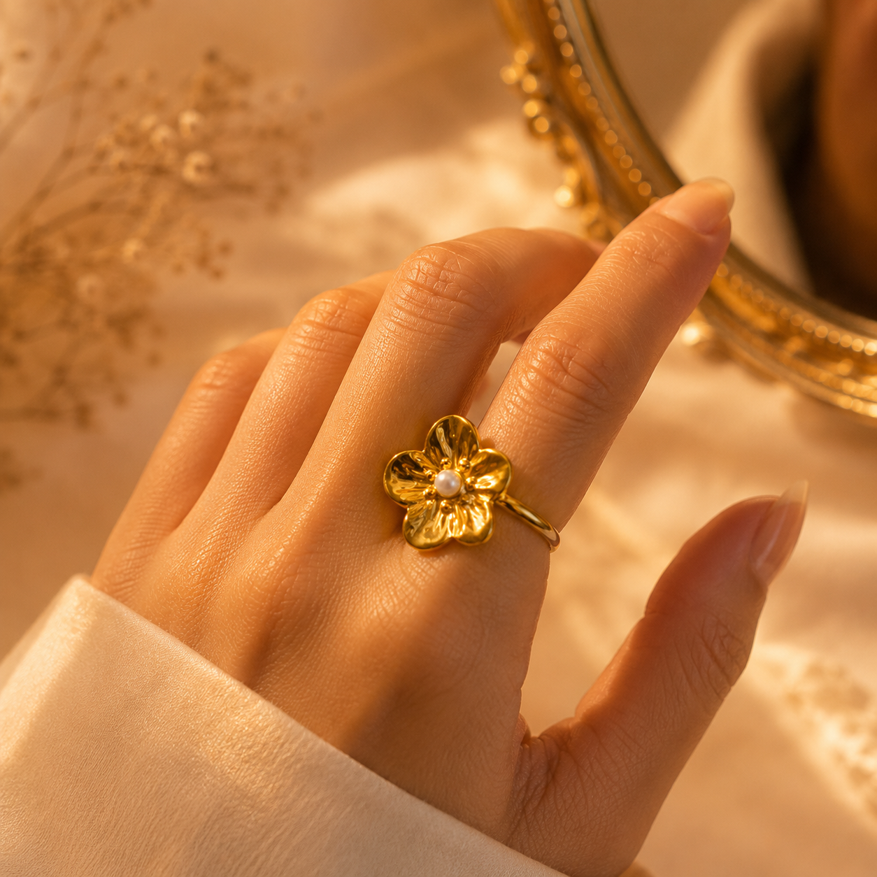 Golden Pearl Bloom Ring